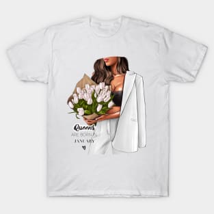 Queens Are Born In January White Outfit White Tulips T-Shirt